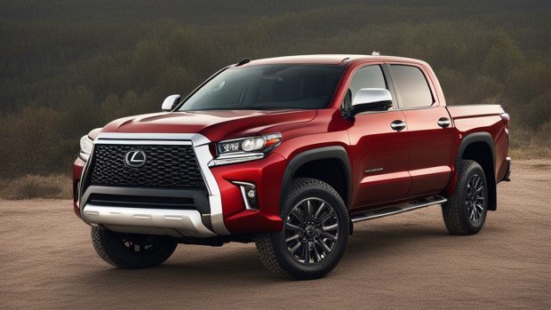 Image générée par l'IA d'une camionnette rouge de marque Lexus sur fond d'arbres boisés