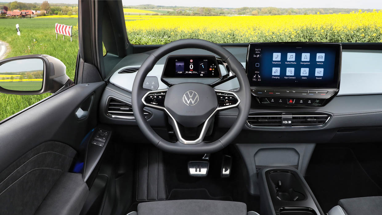Vue intérieure et tableau de bord d'une Volkswagen ID3 2024