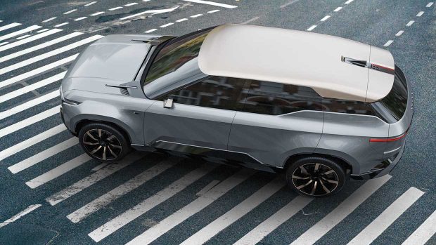 Vue supérieure du toit du SUV concept électrique Toyota Land Cruiser SE peint en argent