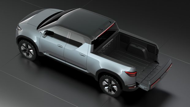 Vue de trois quarts arrière gauche de la camionnette électrique Toyota EPU concept car ute avec plateau de hayon ouvert
