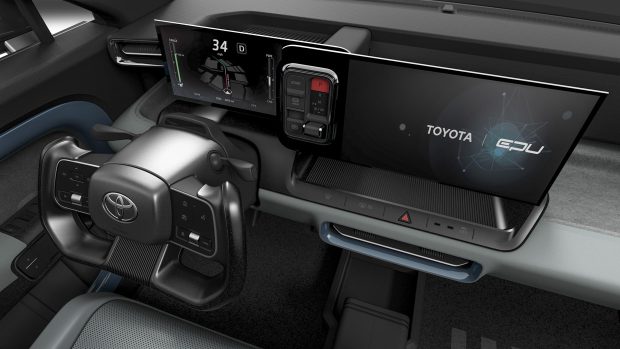 Volant de joug et écrans de la camionnette électrique Toyota EPU concept car ute