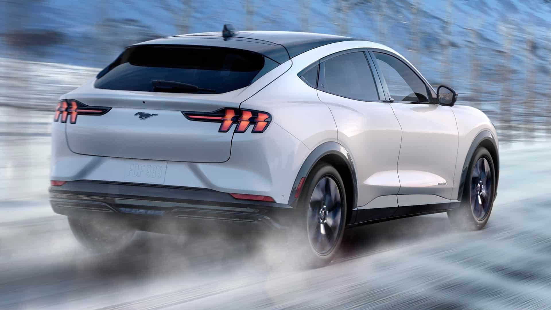 2021 Ford Mustang Mach E in white rear side view